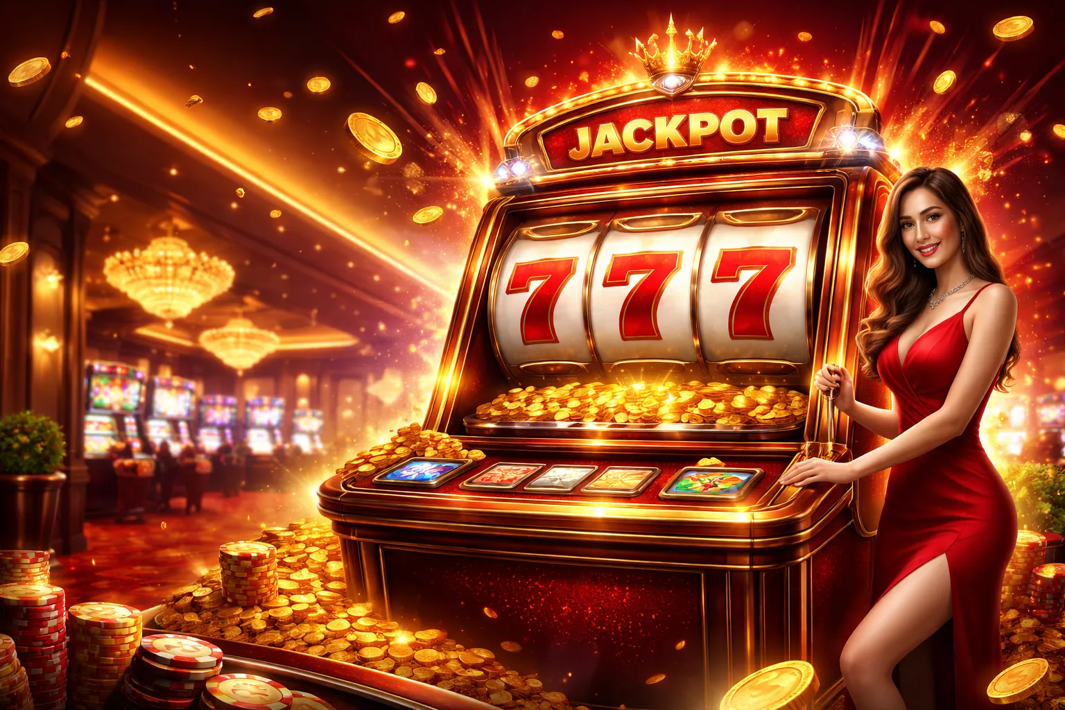 Hình ảnh nền trò chơi Slot trên 90ok Android với các biểu tượng may mắn và hiệu ứng ánh sáng rực rỡ.